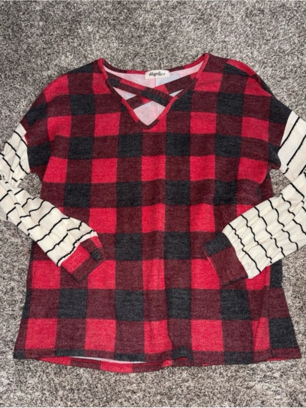 Women's Red Buffalo Plaid V-Neck Sweater with Striped Cream Sleeves